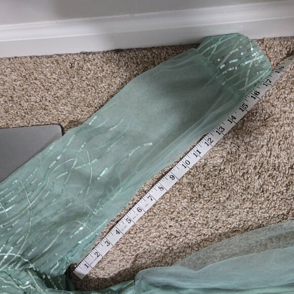 Sz 2XL (US 12) Ever Pretty Light Green Tulle Long-Sleeve Plunge Gown w Sequins - Picture 7 of 10